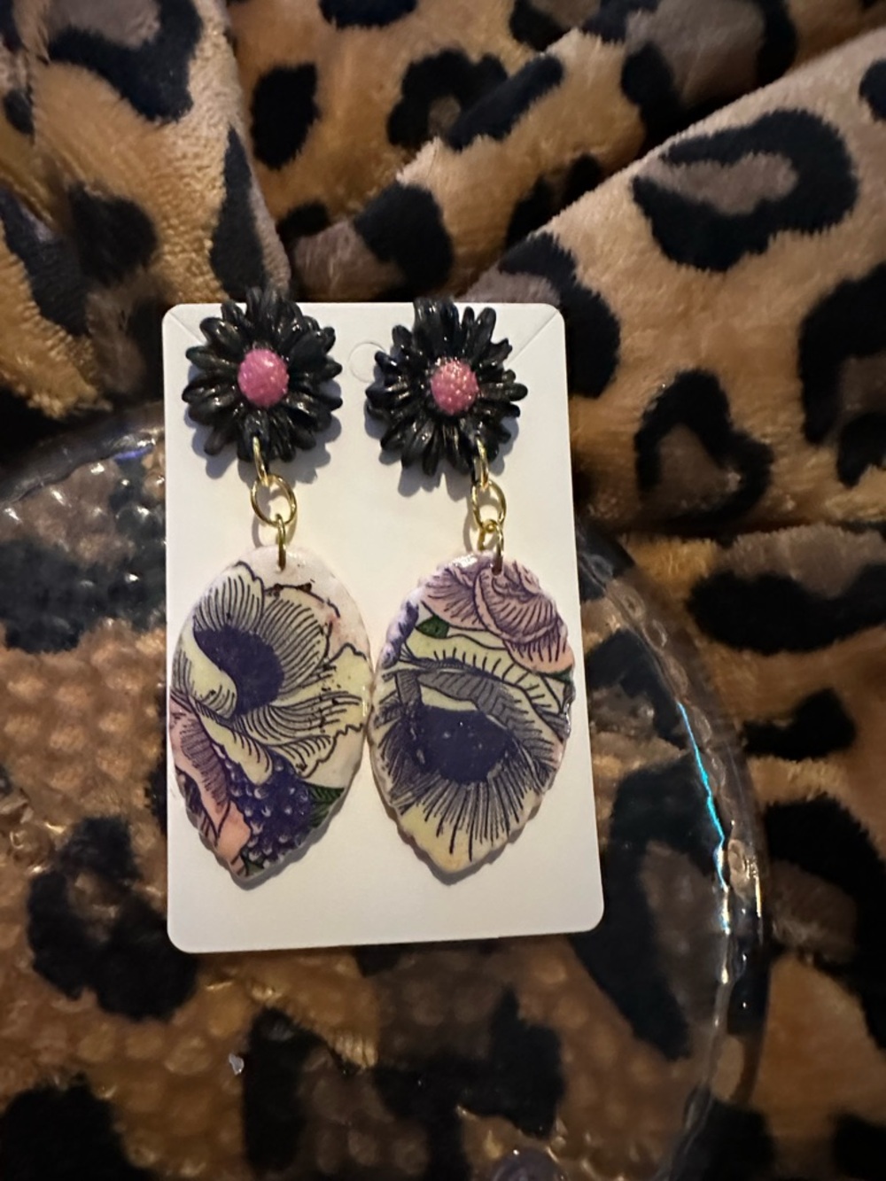 Floral Drop Earrings with Black Daisy Studs - Pink & Purple